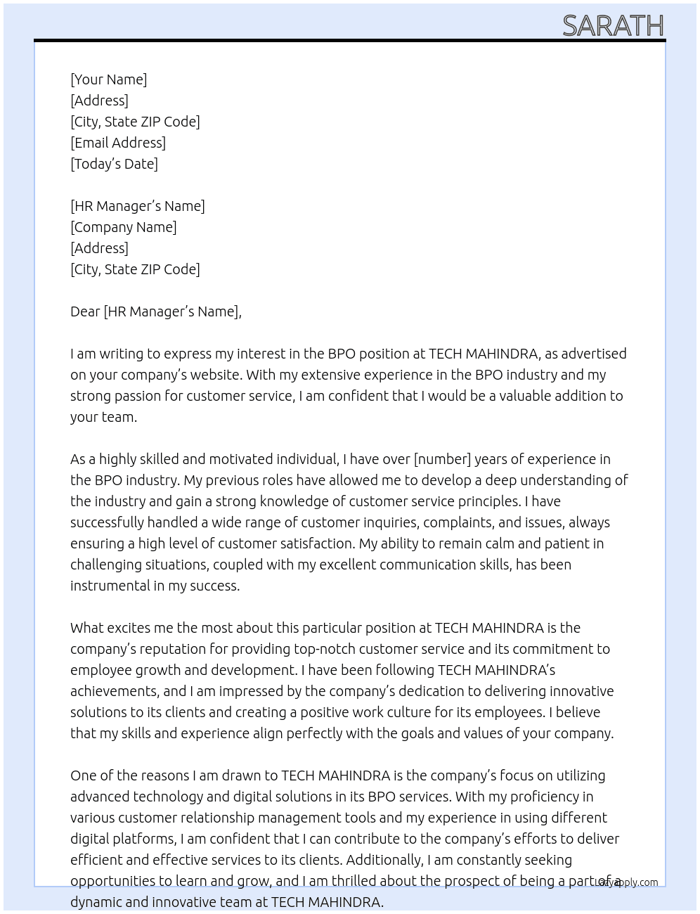 bpo At TECH MAHINDRA Cover Letter