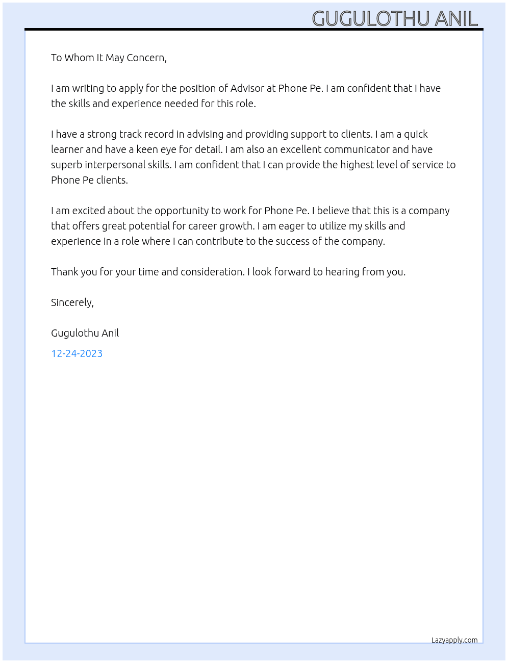 Advisor  At Phone pe Cover Letter