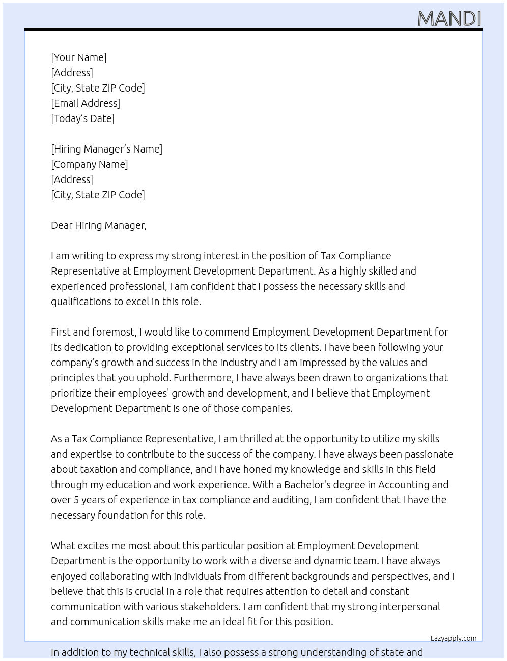 Tax Compliance Representative At Employment Development Department  Cover Letter