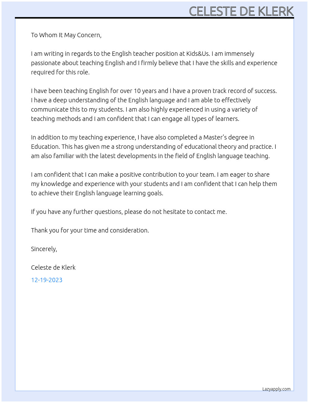 English teacher At Kids&Us Cover Letter