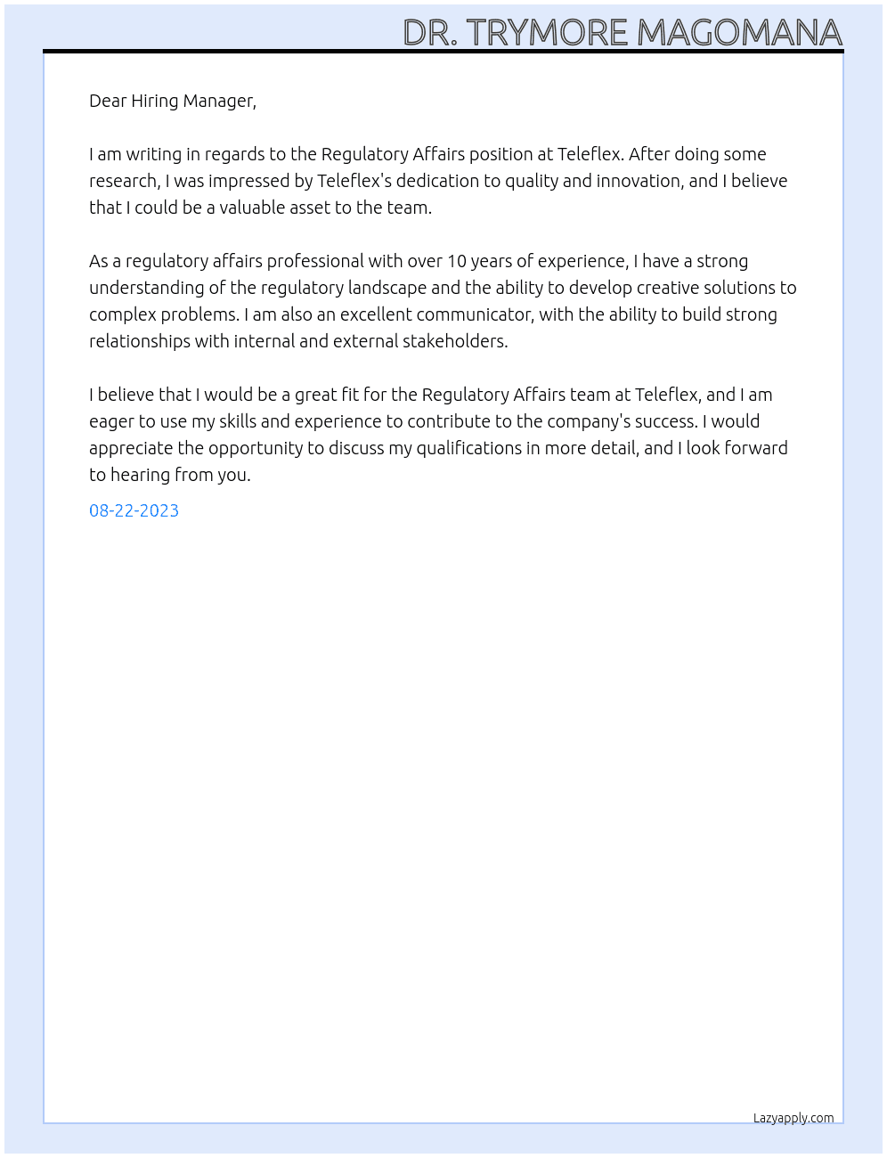 Regulatory Affairs  At Teleflex Cover Letter