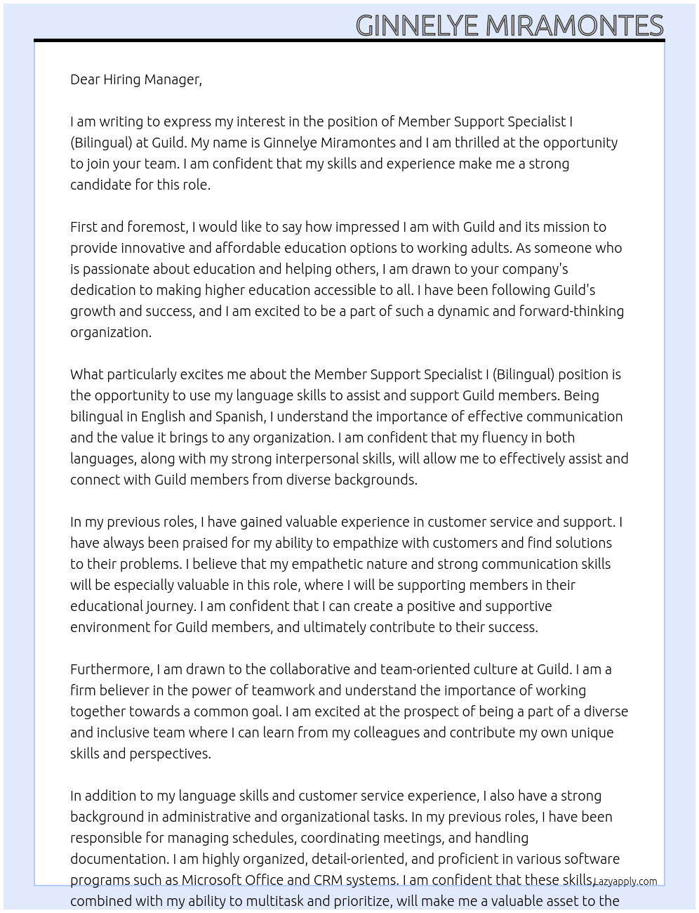 Member Support Specialist I (Bilingual) At guild Cover Letter