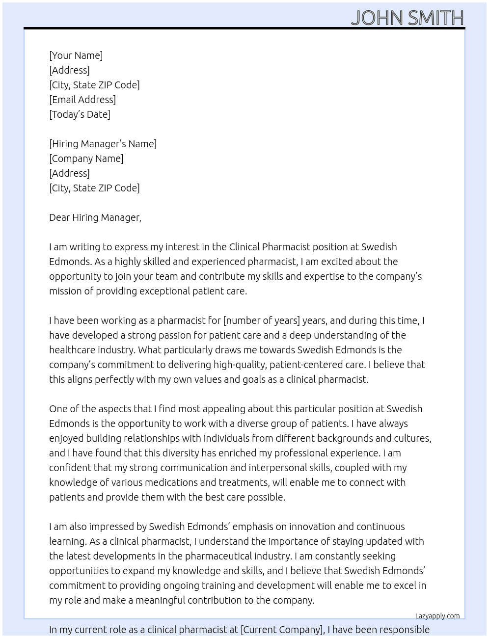 Clinical Pharmacist At Swedish Edmonds Cover Letter