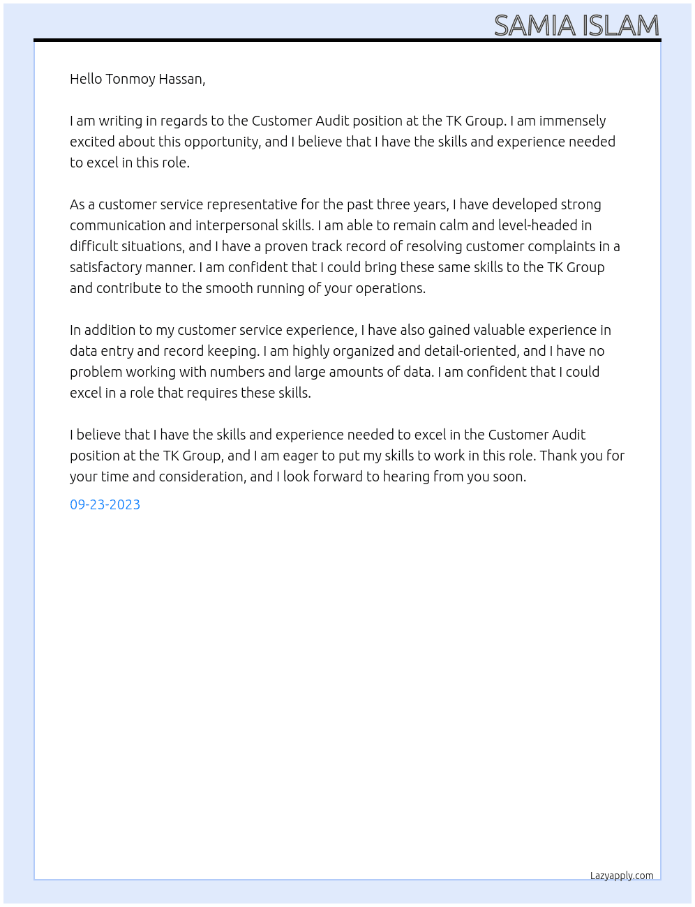 Customer AUdit At TK group Cover Letter