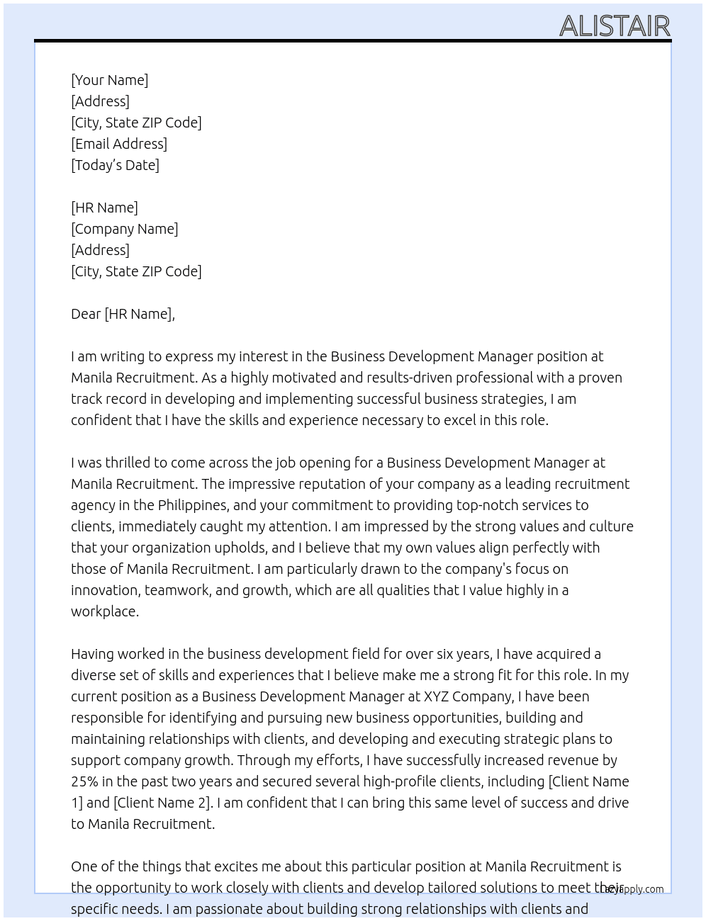 business developement manager At manila recruitment Cover Letter