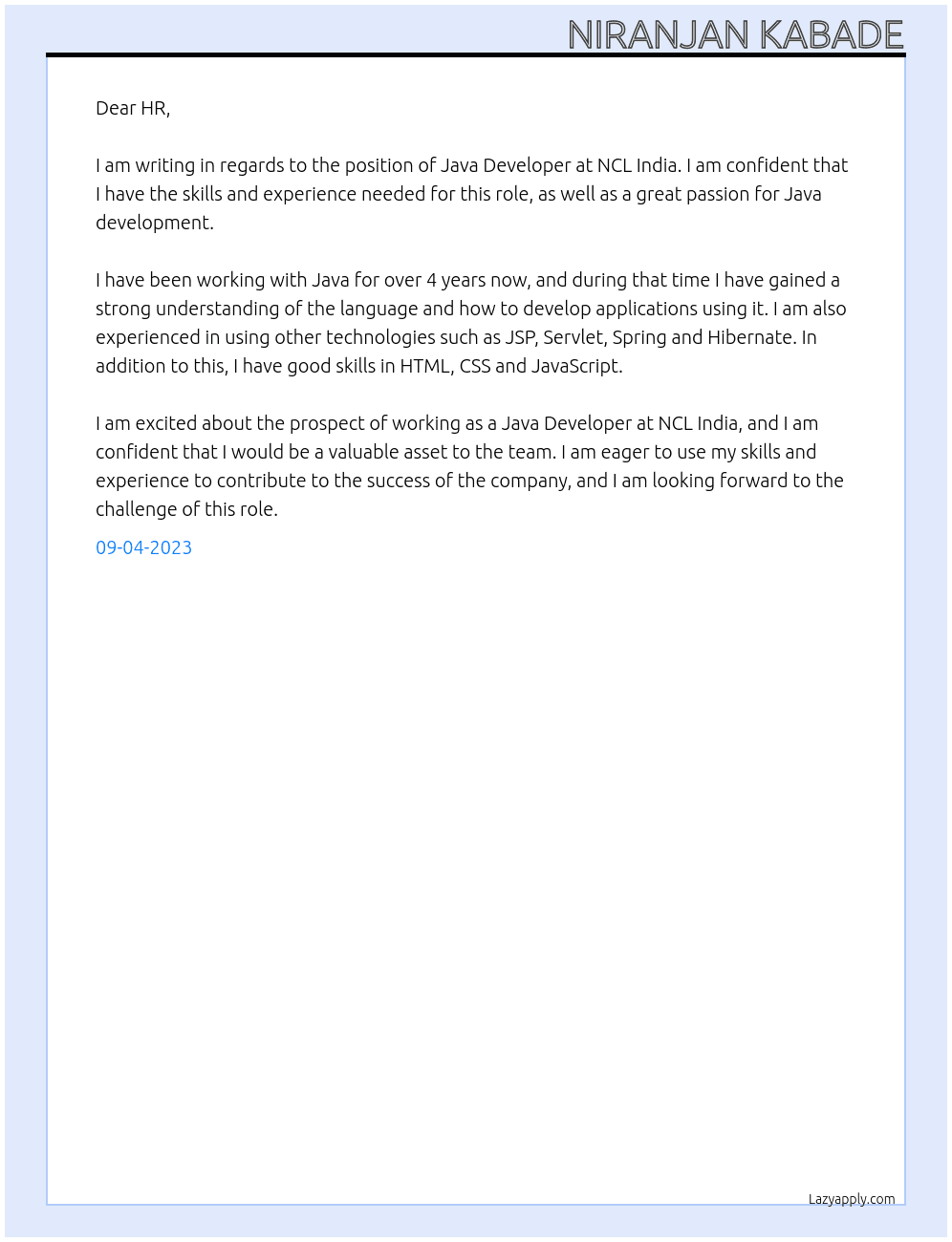Java Developer At NCL India Cover Letter