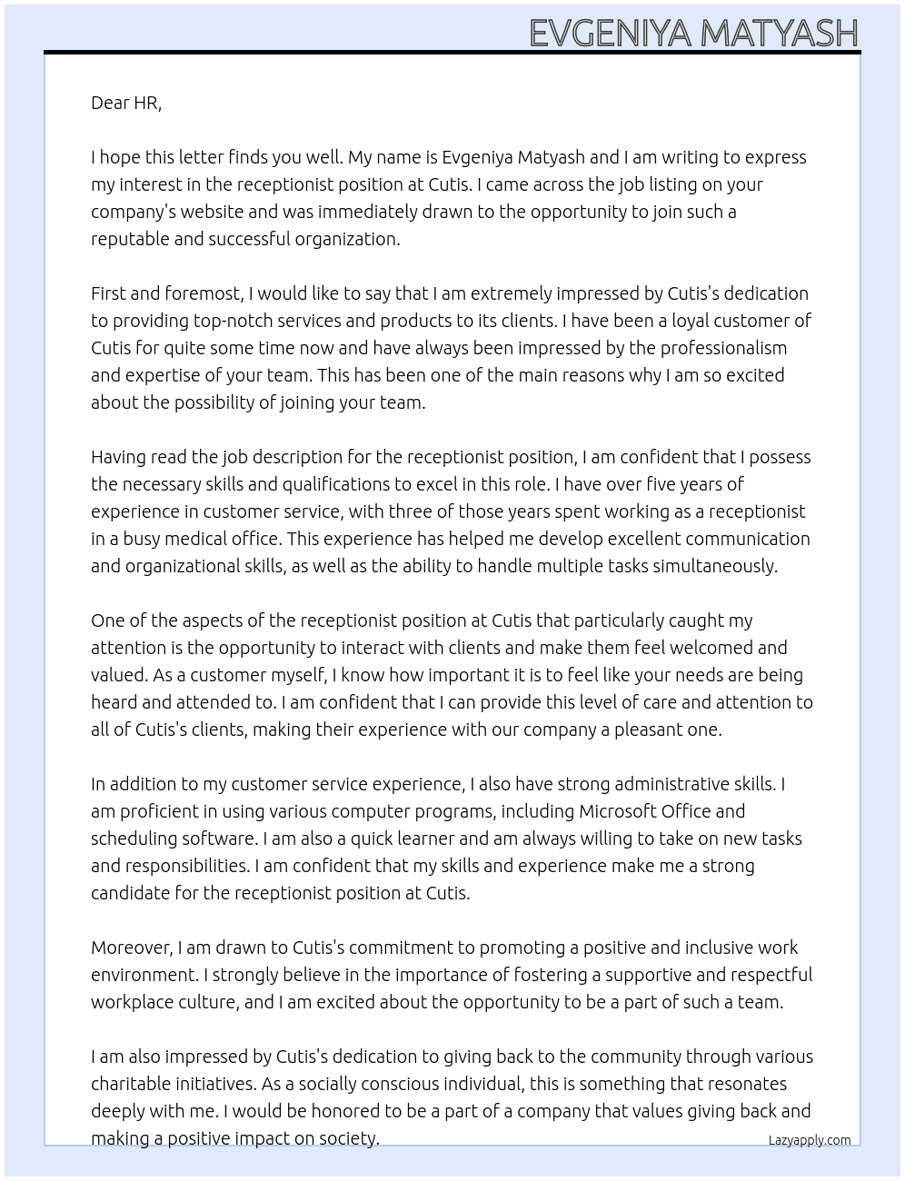 reception At Cutis Cover Letter