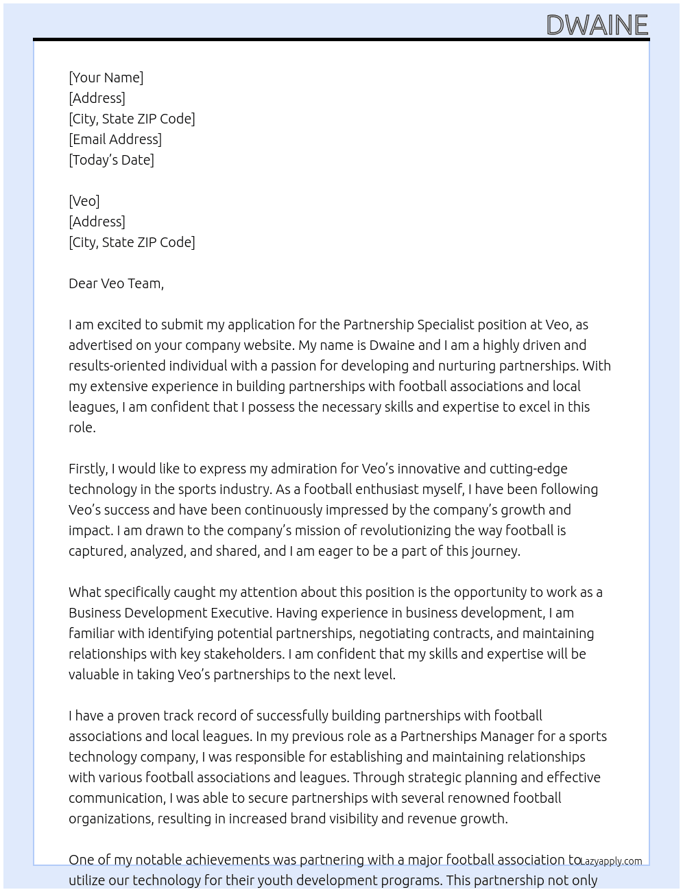partnership sepcialist  At VEO Cover Letter