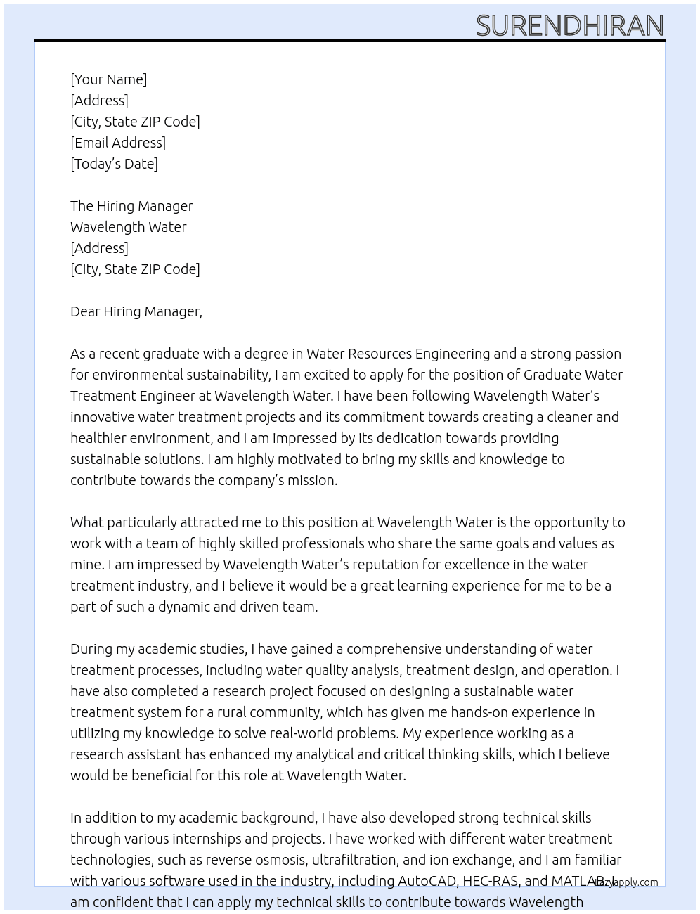 Graduate Water Treatment Engineer At Wavelength Water Cover Letter