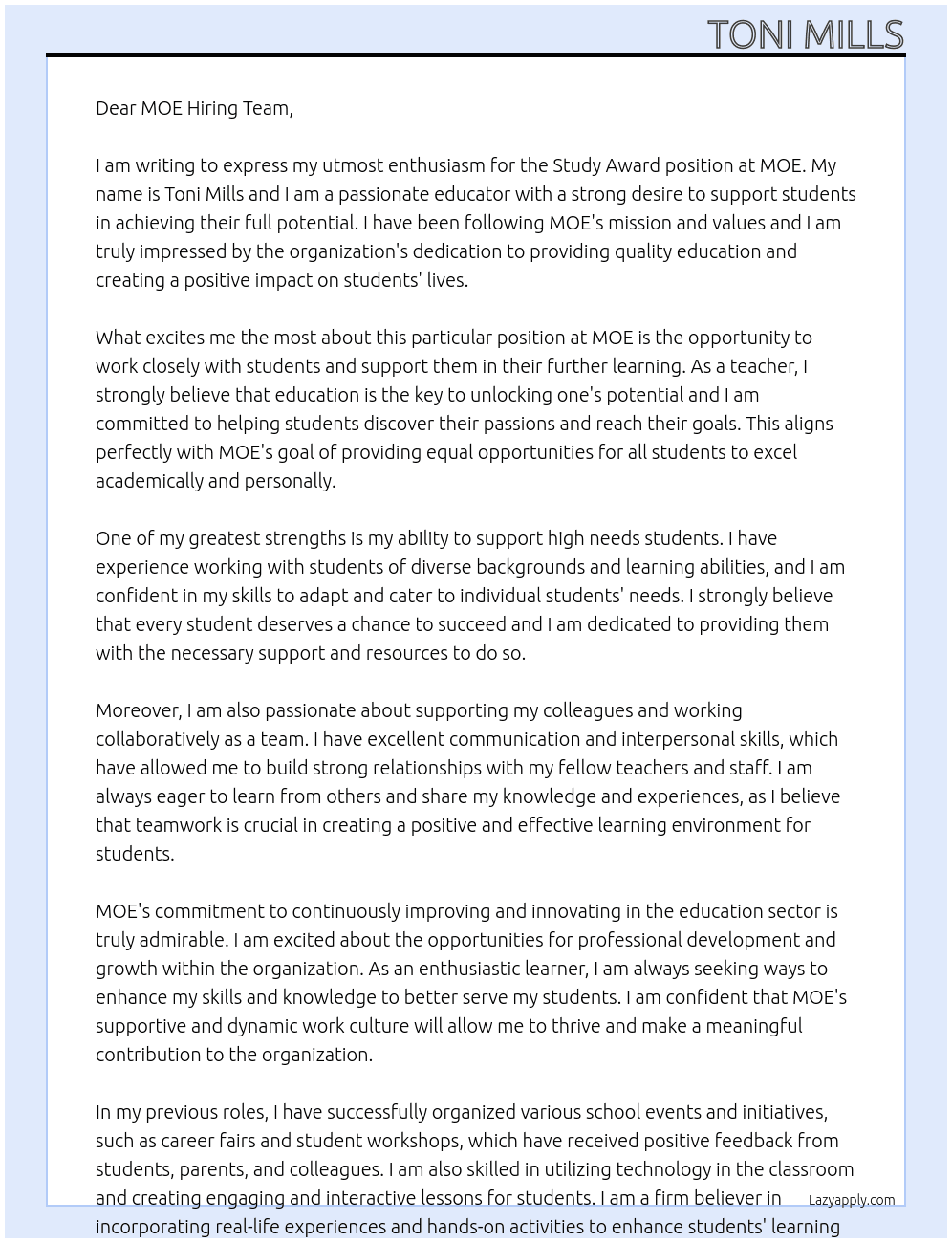 study award At MOE Cover Letter