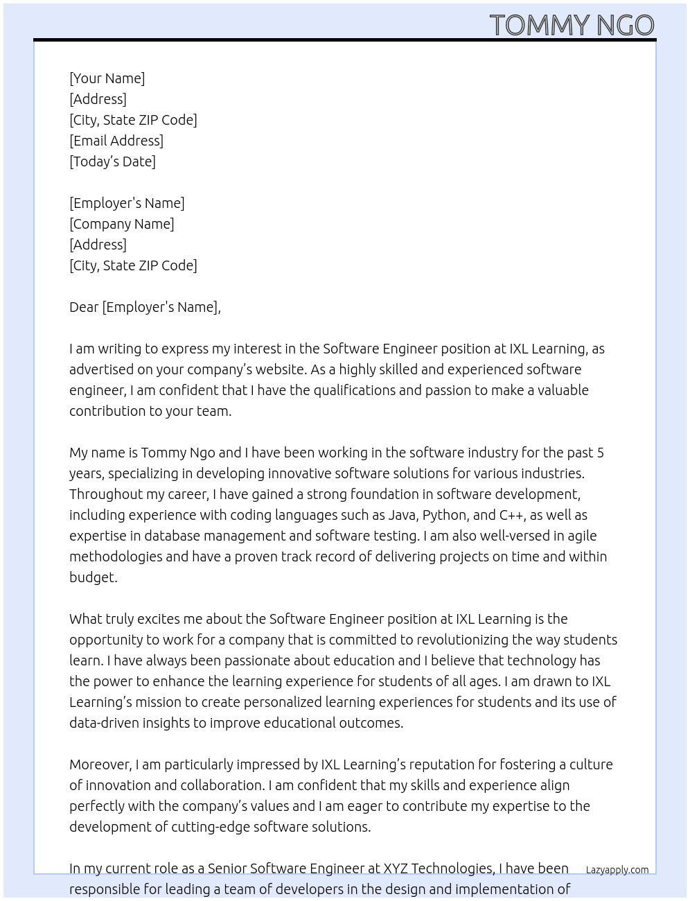 software engineer At IXL Learning Cover Letter