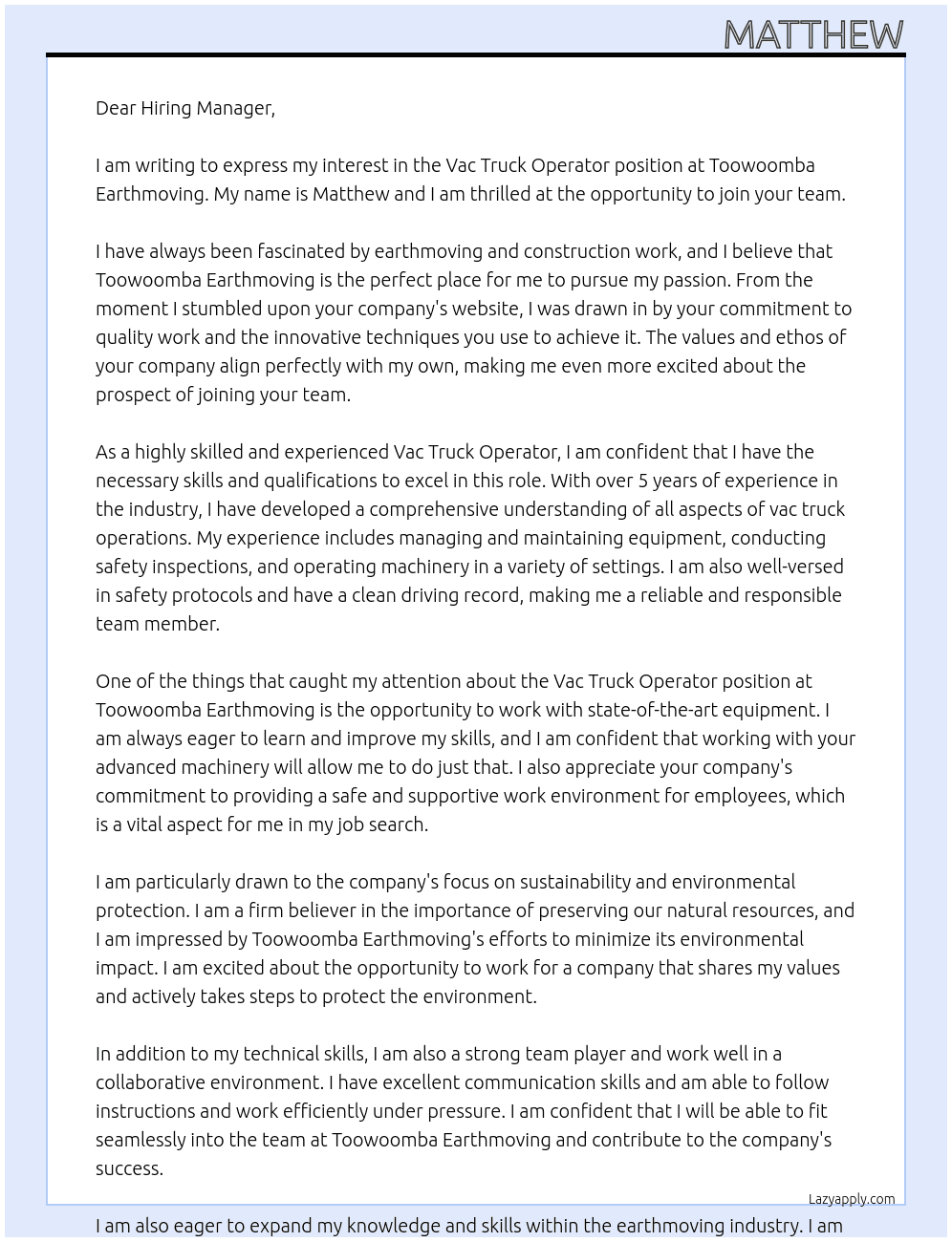 Vac truck operator  At Toowoomba earthmoving  Cover Letter