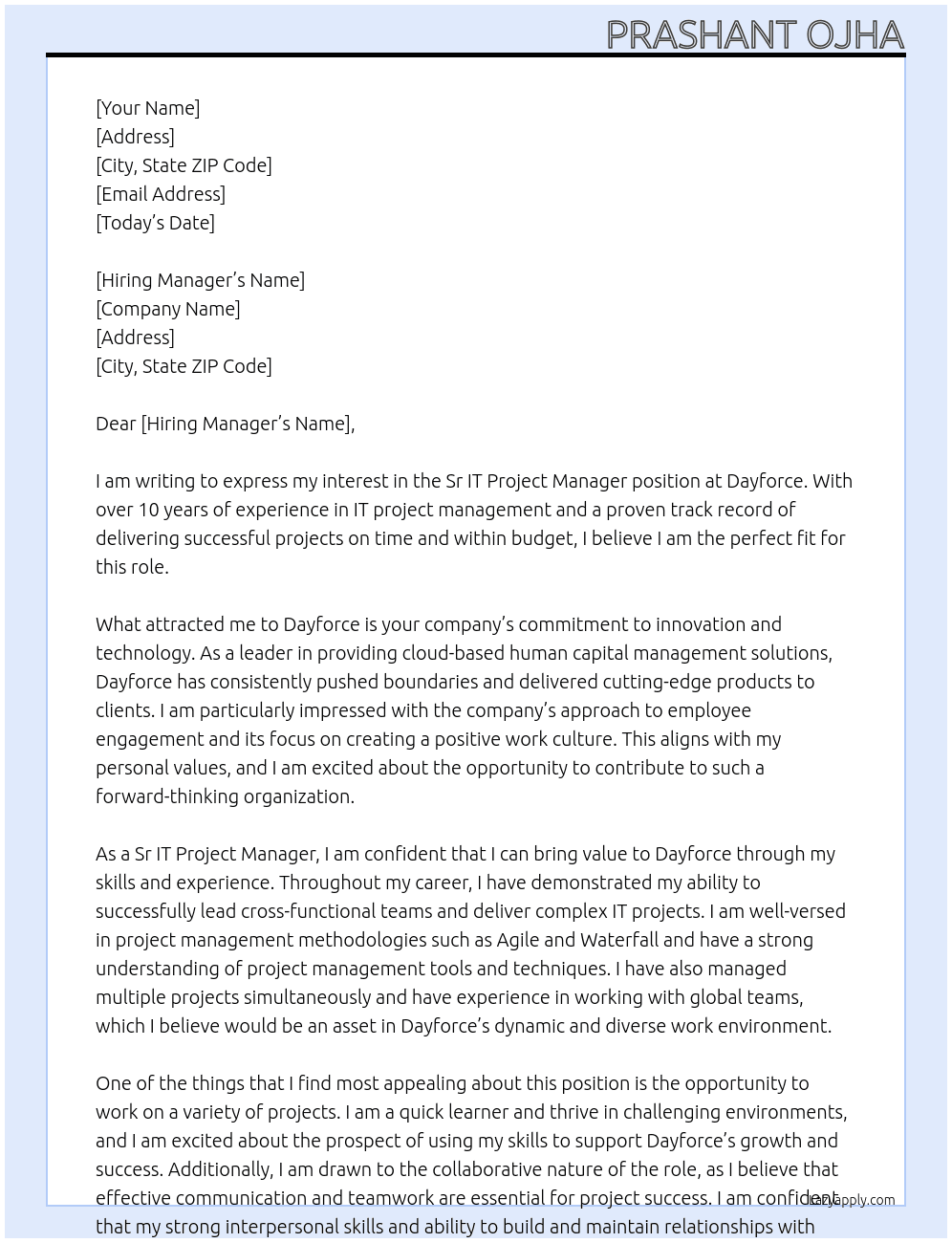 Sr IT Project Manager At Dayforce Cover Letter
