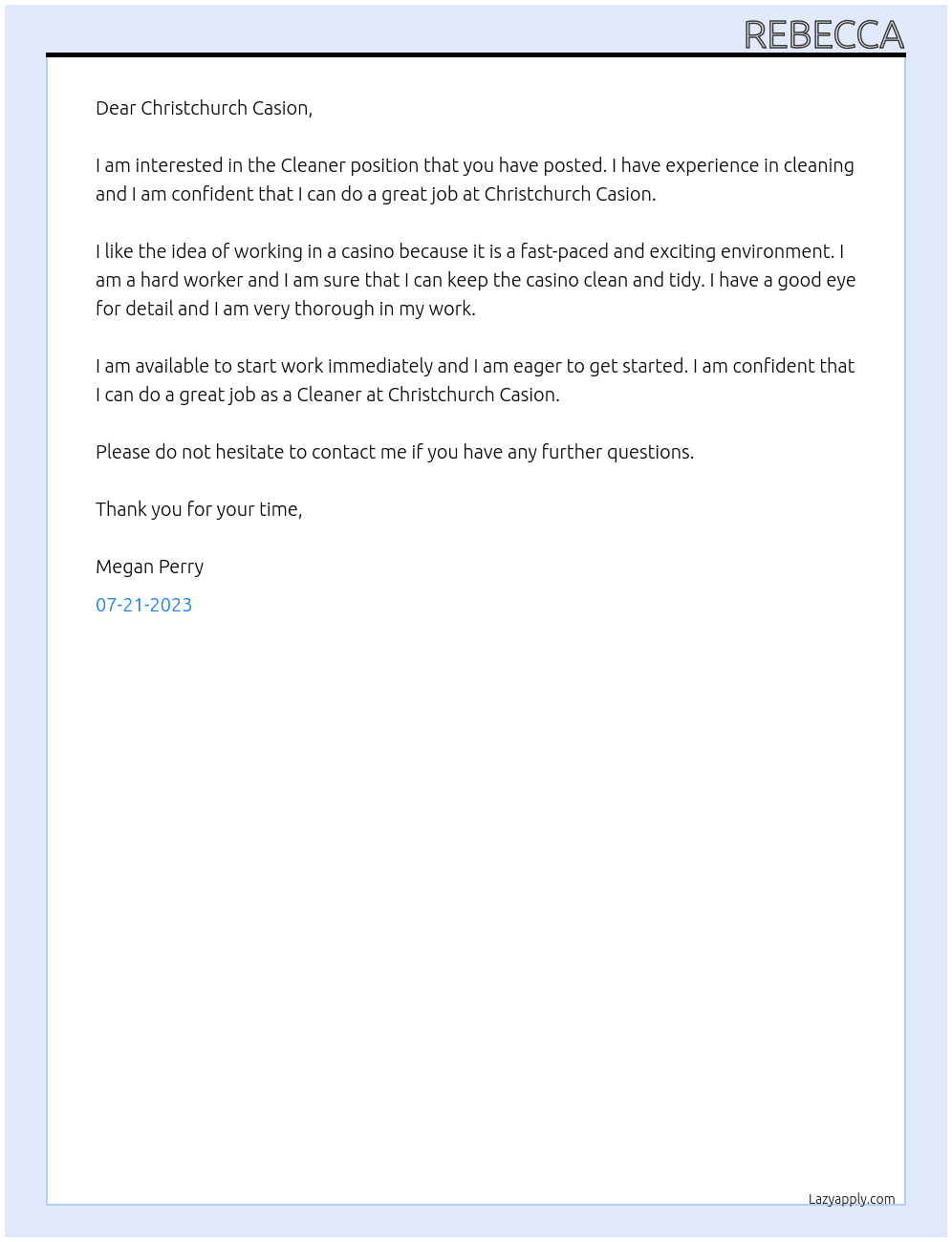 Cleaner At Christchurch Casion Cover Letter