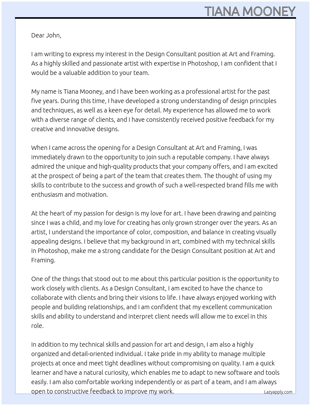 Design consultant  At Art and framing  Cover Letter