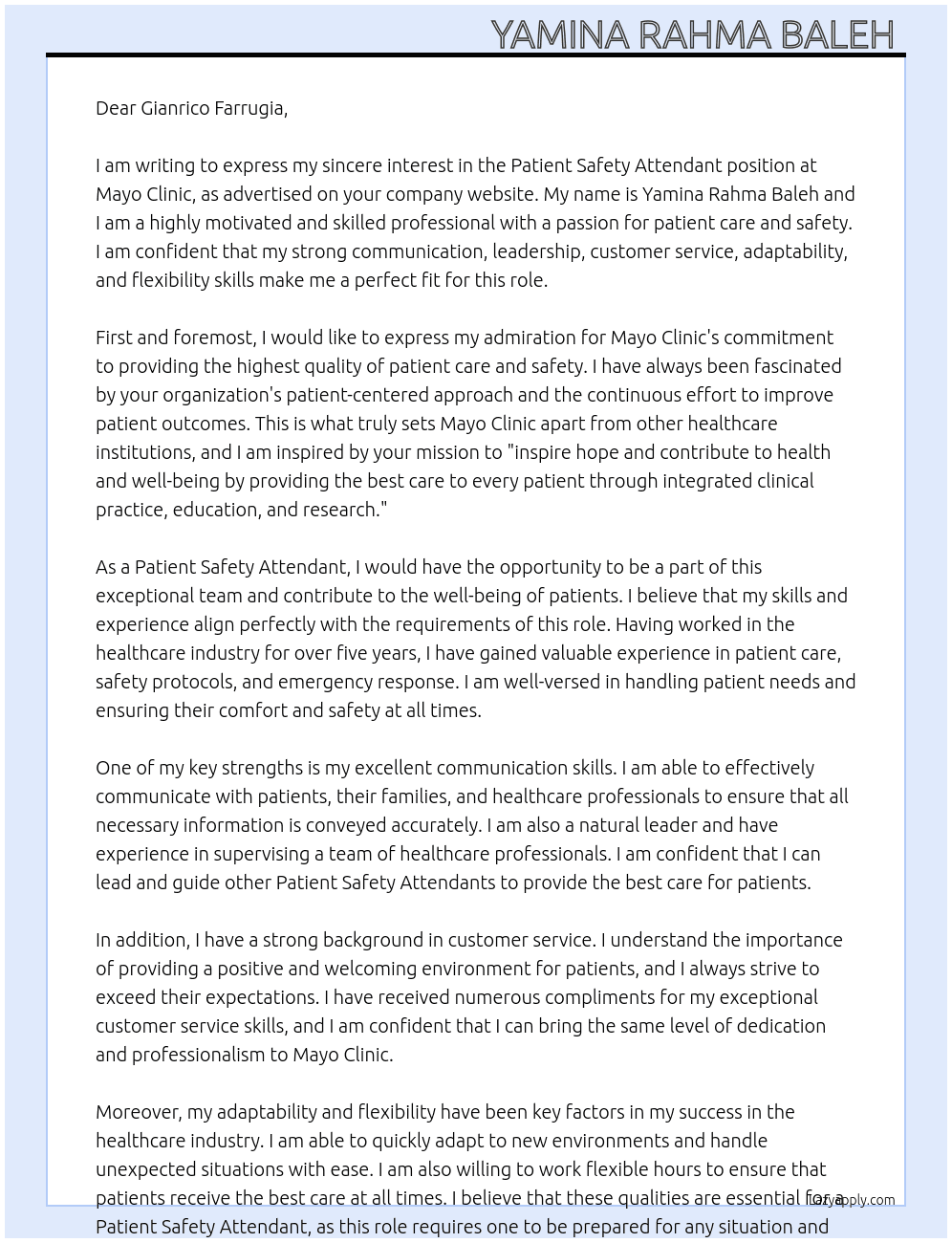 Patient Safety Attendant At Mayo Clinic  Cover Letter