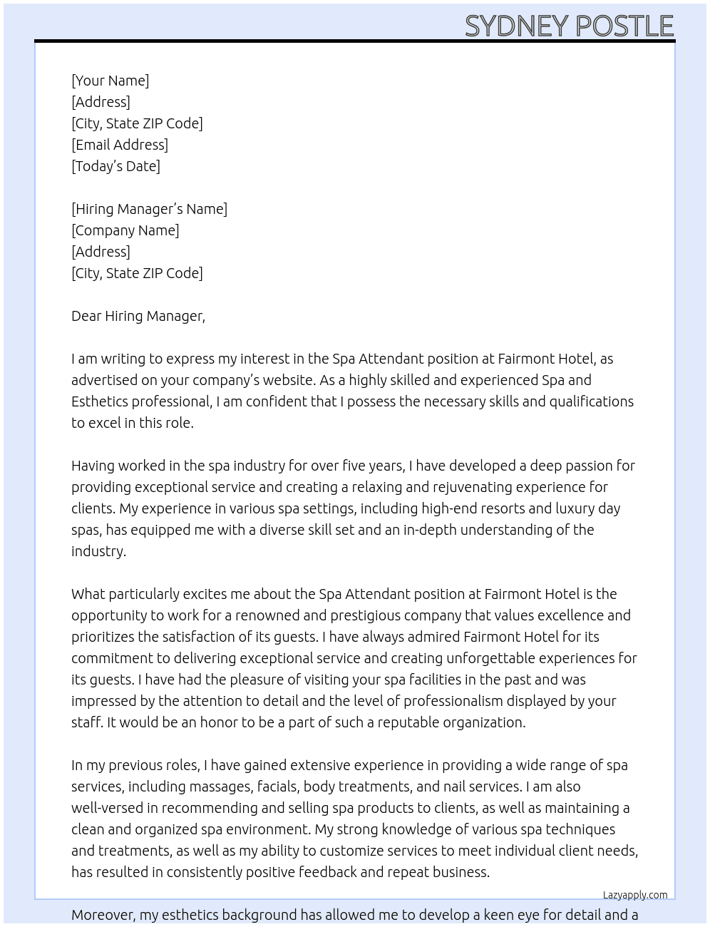 Spa Attendant At Fairmont Hotel Cover Letter