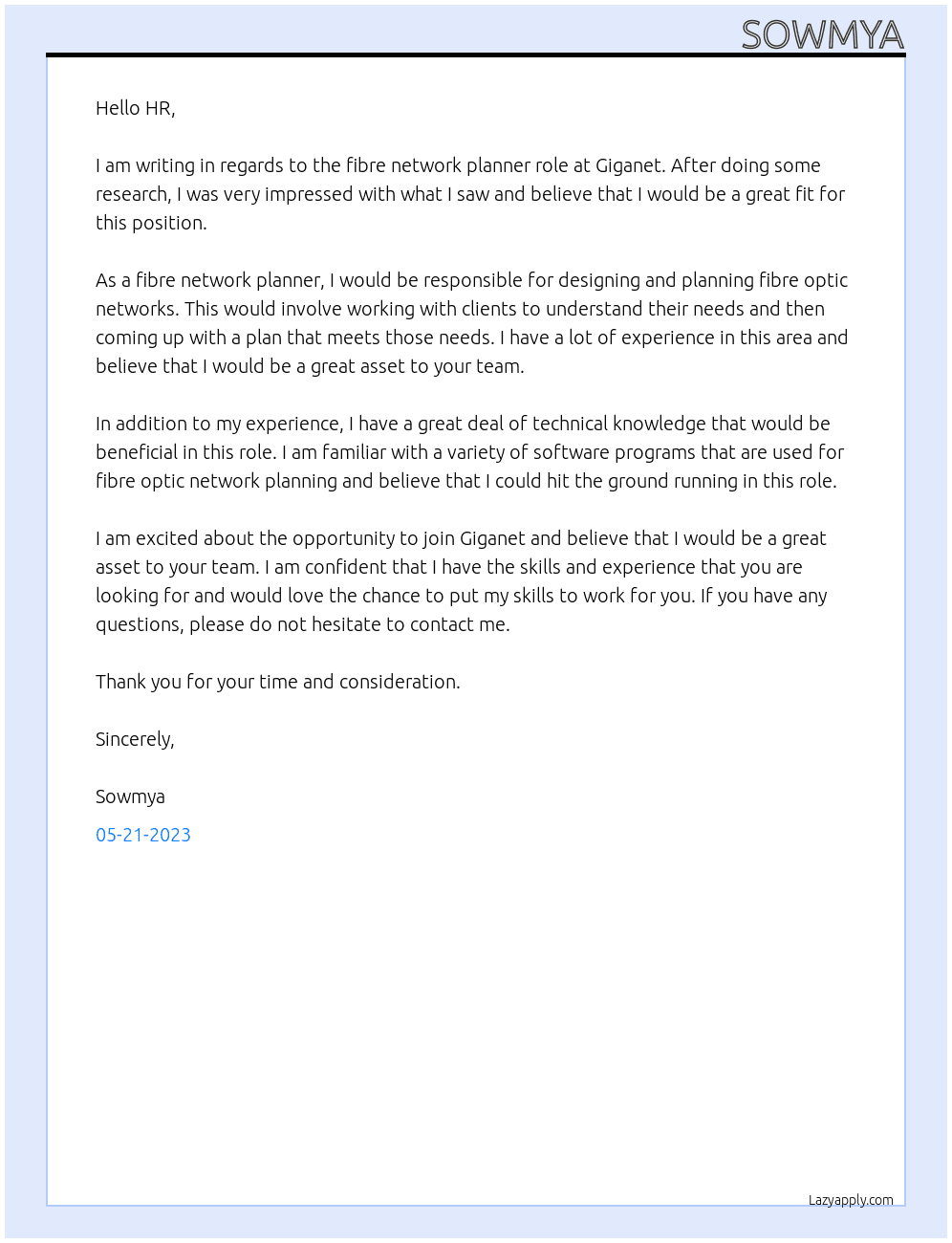fibre network planner At giganet Cover Letter