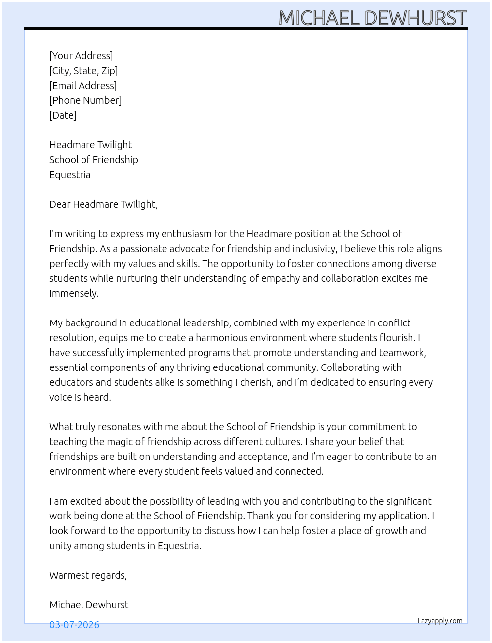 Headmare  At School of friendship equestria  Cover Letter