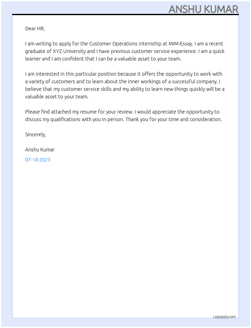 Customer Operations internship At MiM-Essay Cover Letter