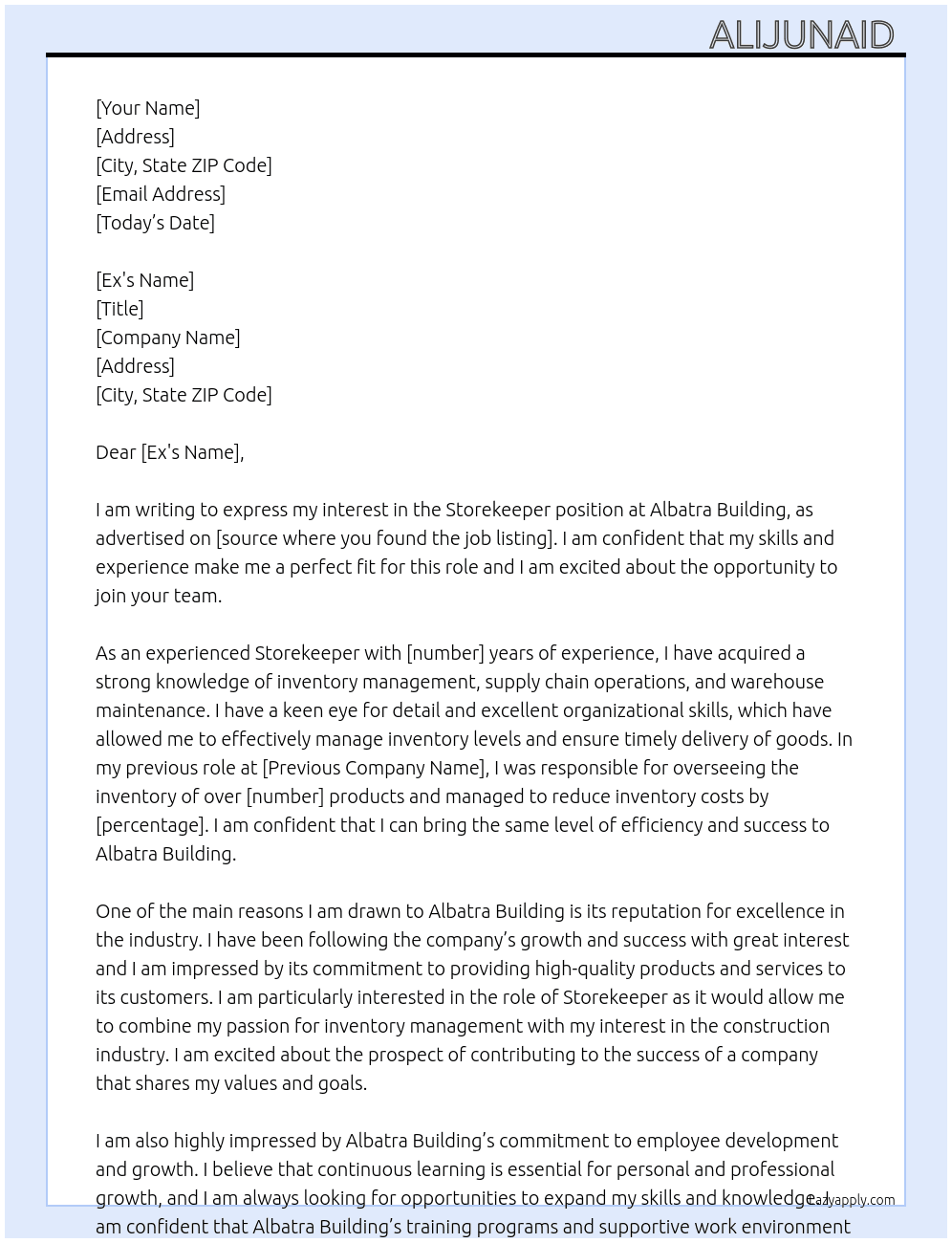 Storekeeper  At albatra building  Cover Letter