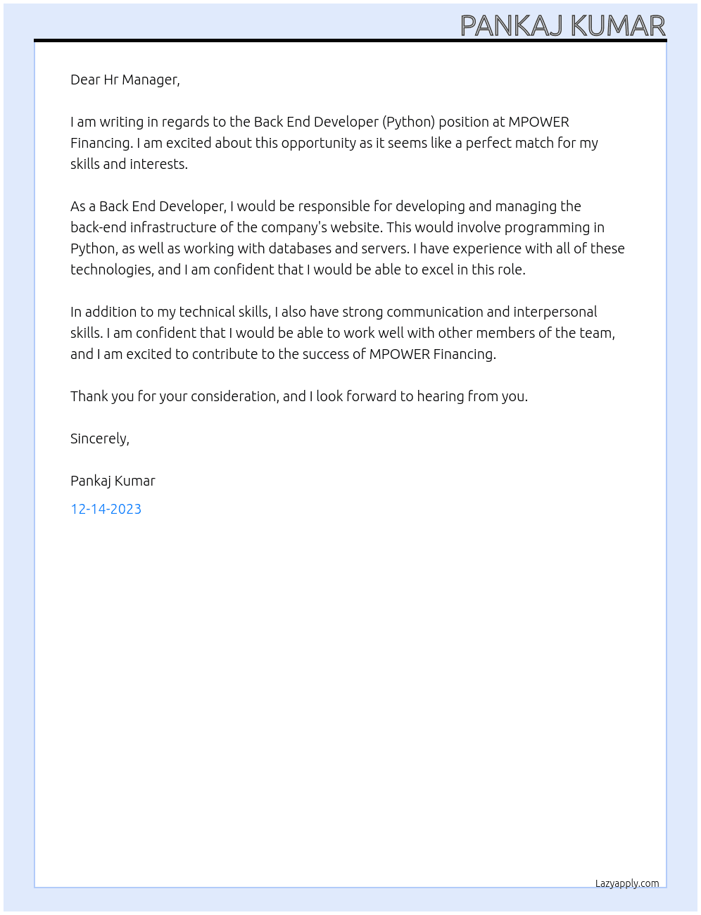 Back End Developer (Python) At MPOWER Financing Cover Letter