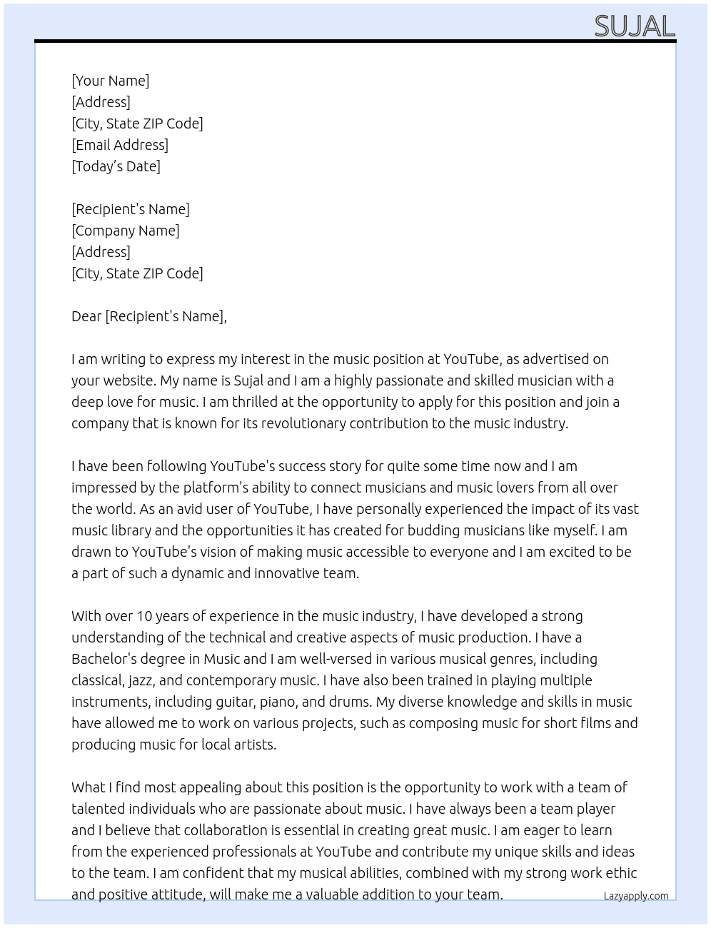music At youtube Cover Letter