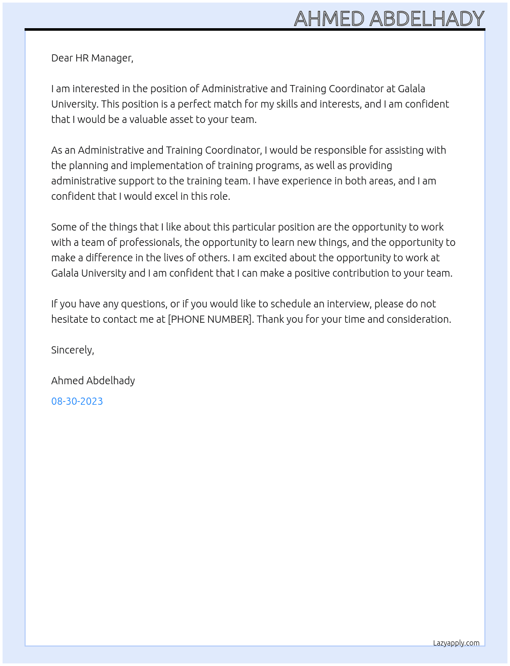 Administrative and Training Coordinator At Galala University Cover Letter