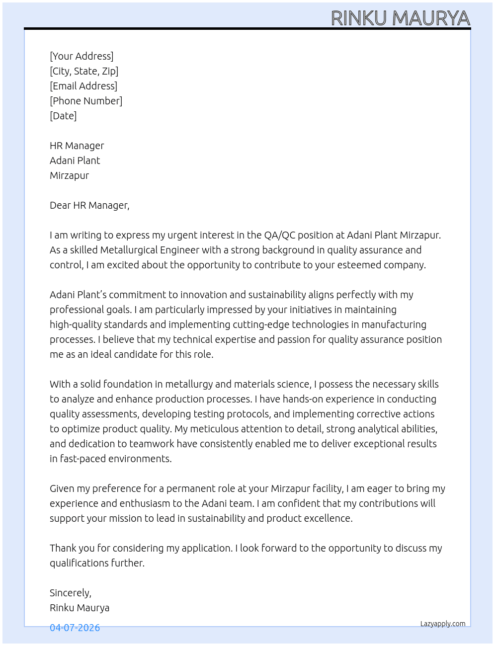 Cover letter for qa/qc - LazyApply