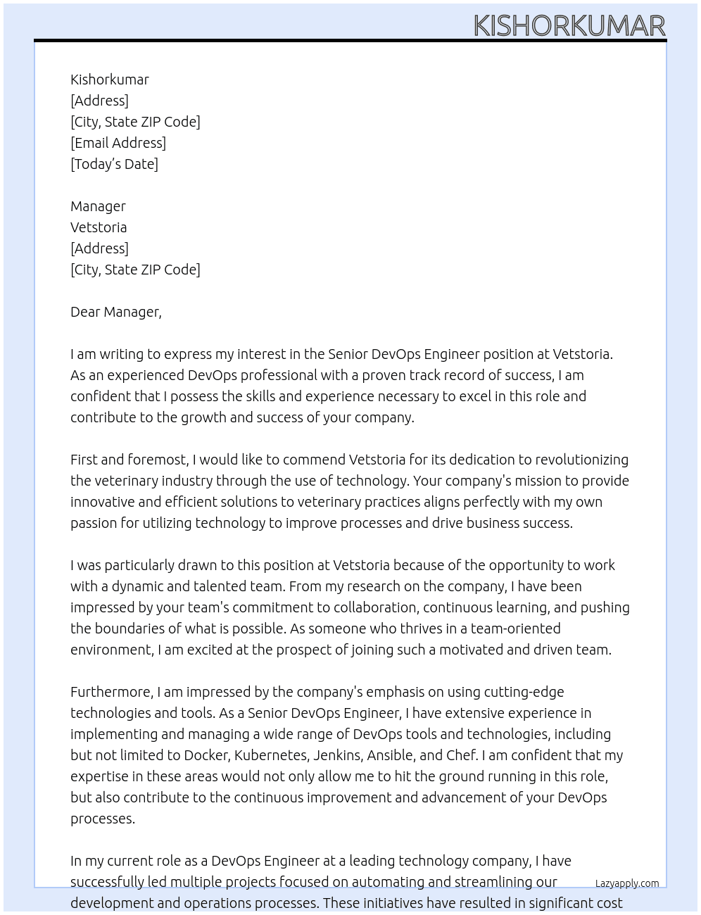 Sr. DevOps Enginee At Vetstoria Cover Letter