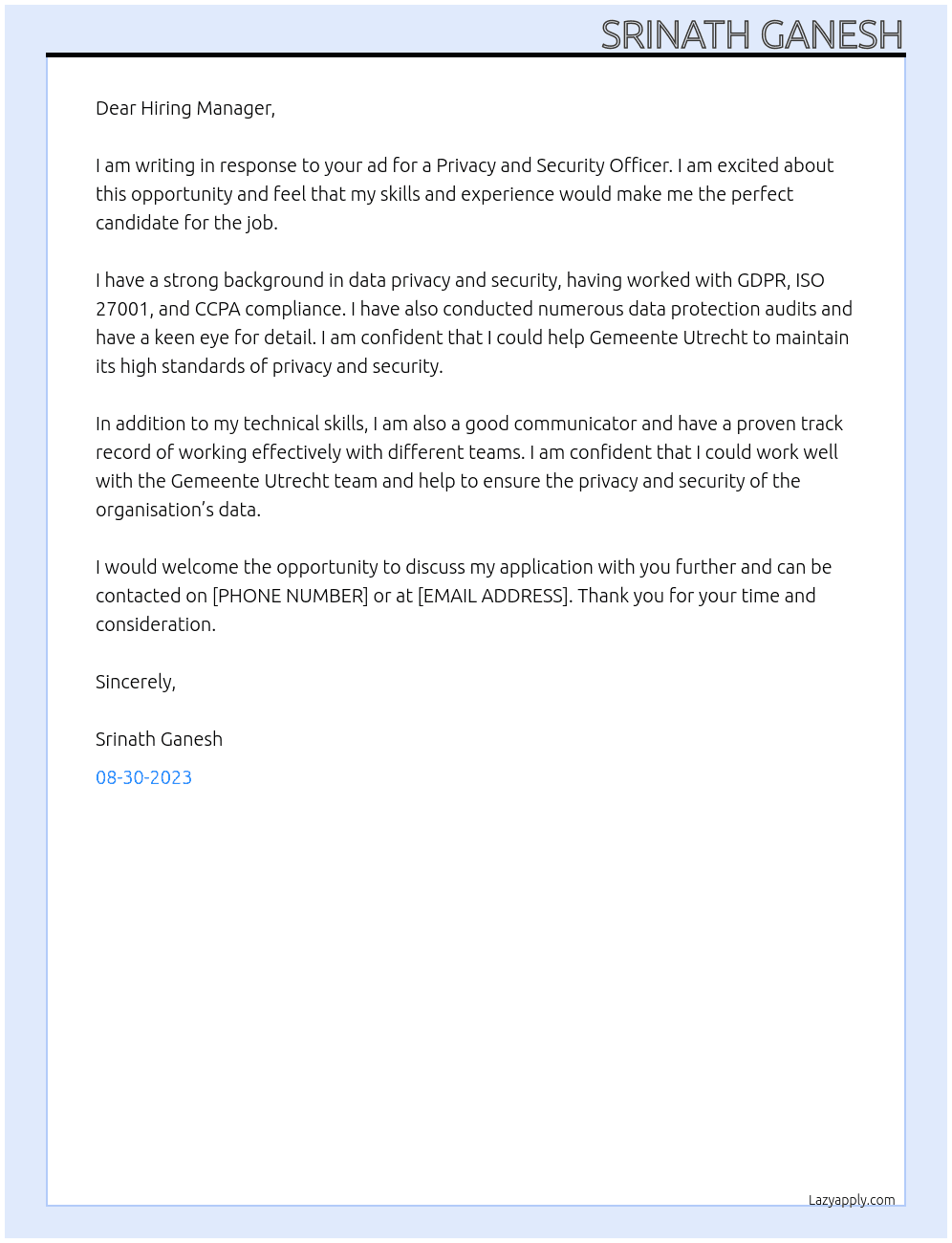 Privacy and security officer At Gemeente Utrecht Cover Letter