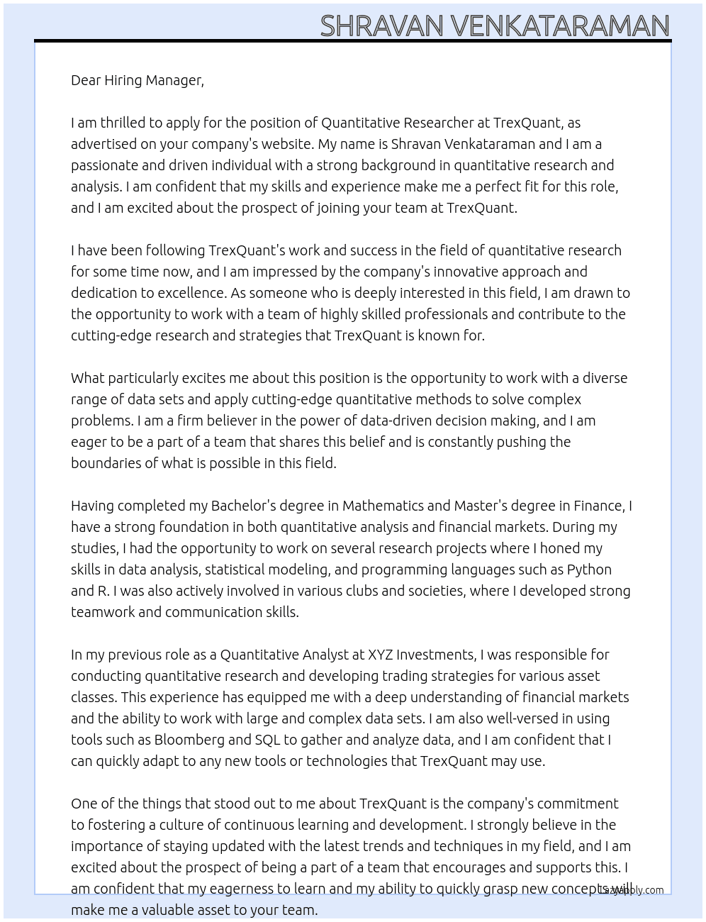 Quantitative Researcher At TrexQuant Cover Letter