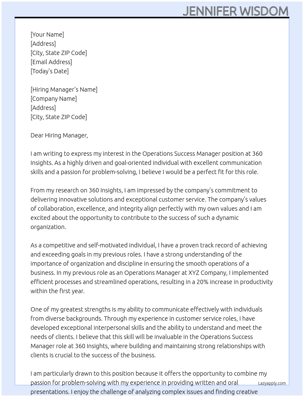 Operations Success Manager  At 360 Insights Cover Letter