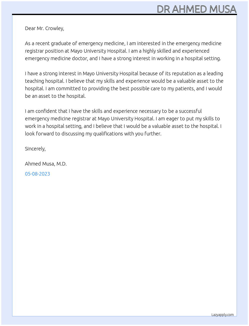 emergency medicine registrar At Mayo university hospital Cover Letter