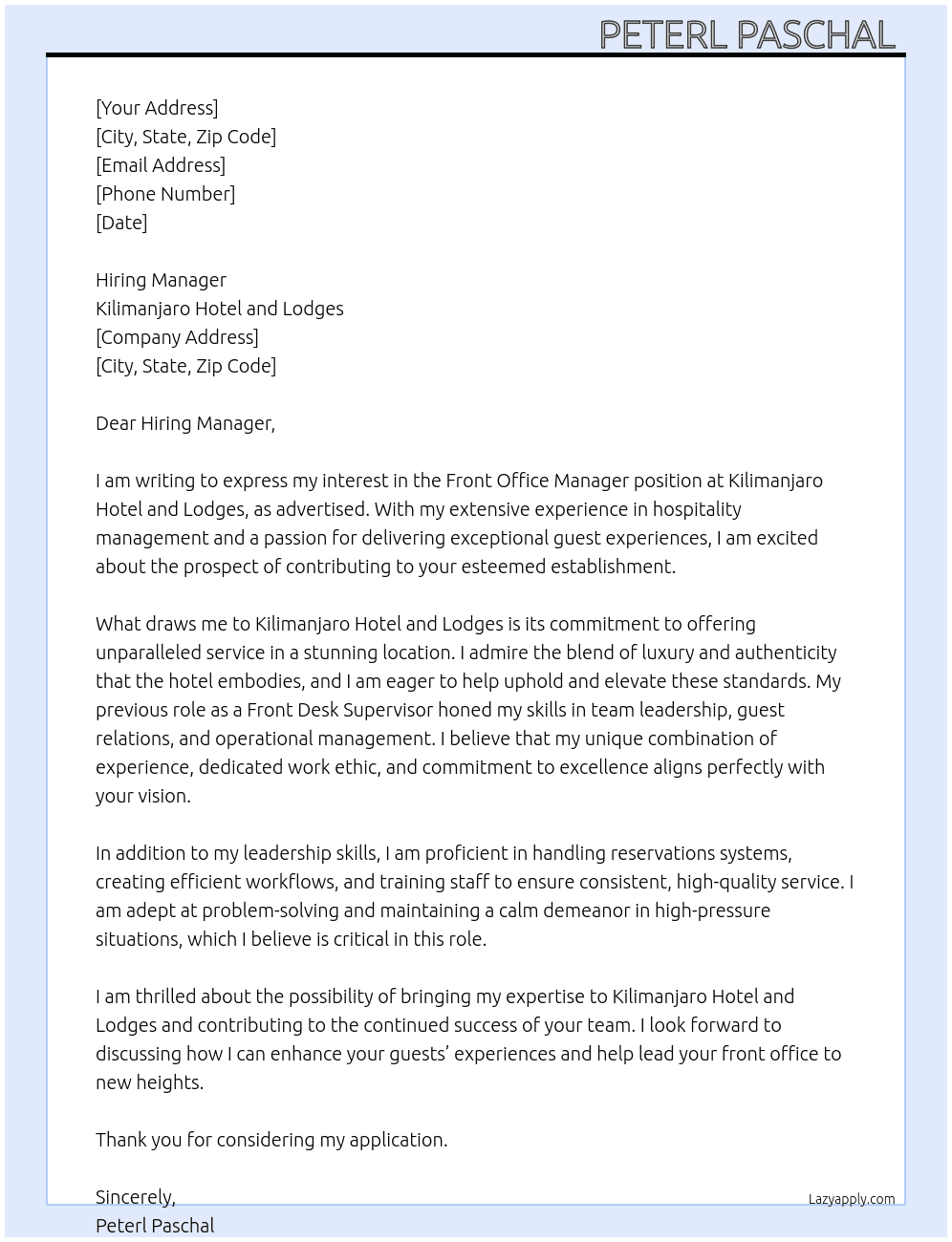 Front office manager  At Kilimanjaro Hotel and Lodges  Cover Letter