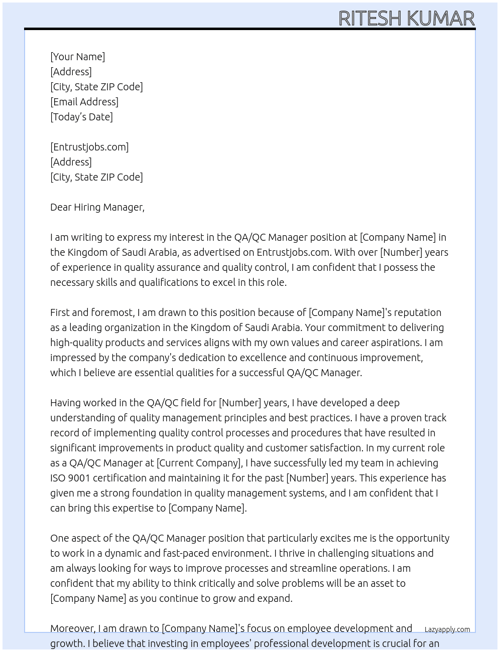 QA/QC manager At kingdom of Saudi Arabia Cover Letter