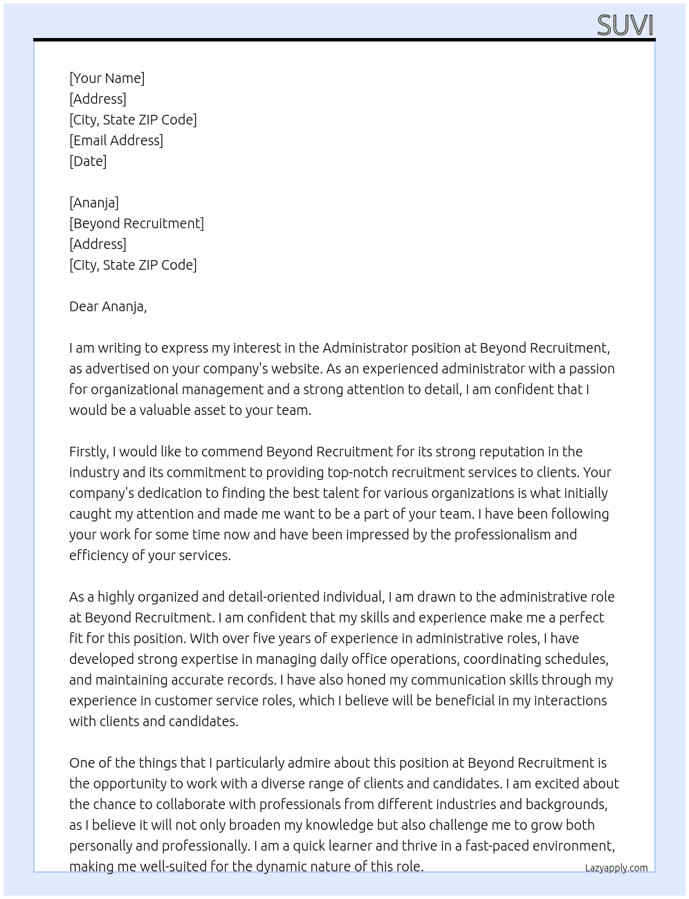 administrator At Beyond recruitment Cover Letter