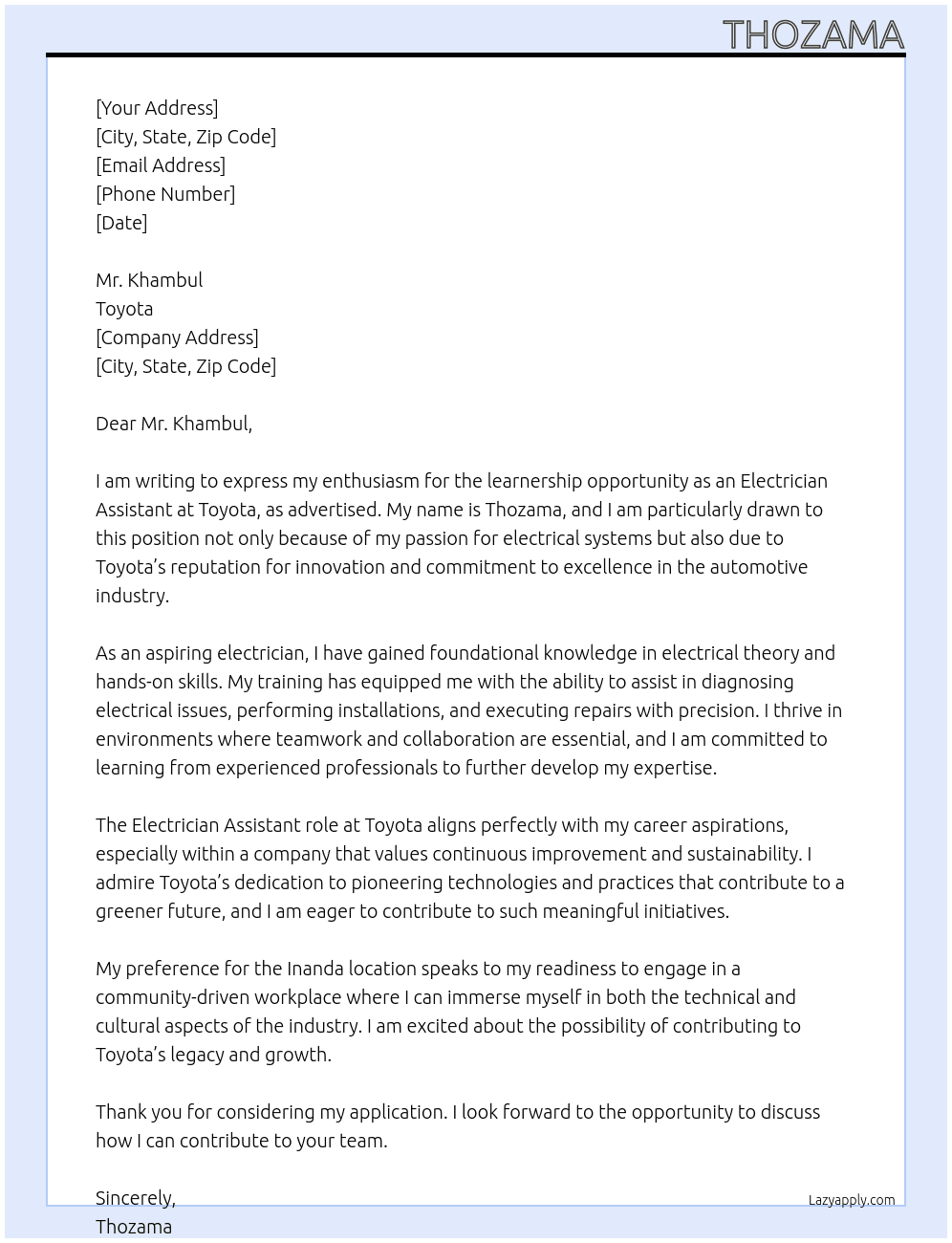 learnership At Toyota Cover Letter