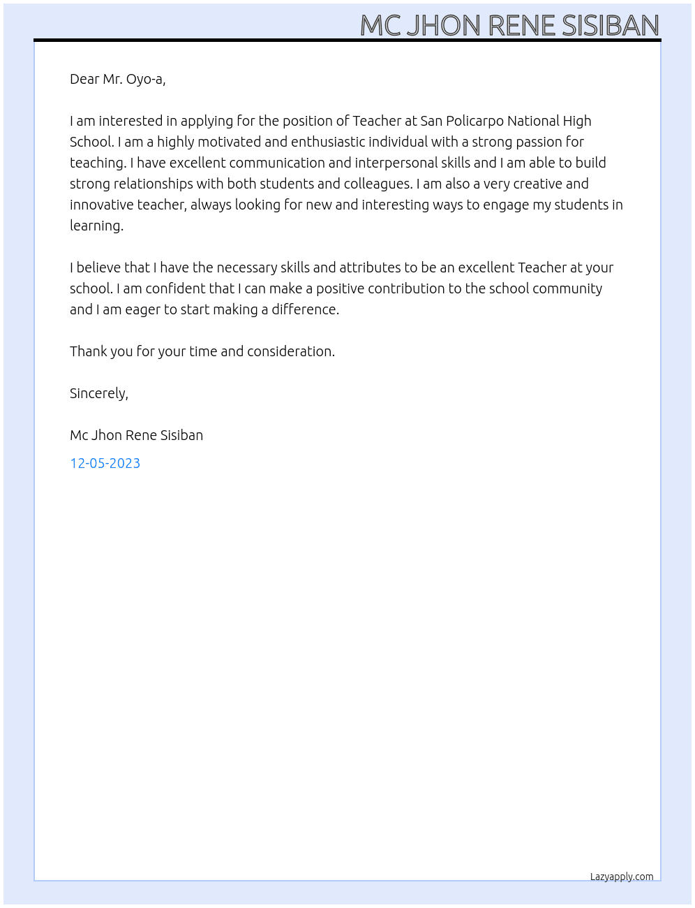 Teacher At San Policarpo National High School Cover Letter