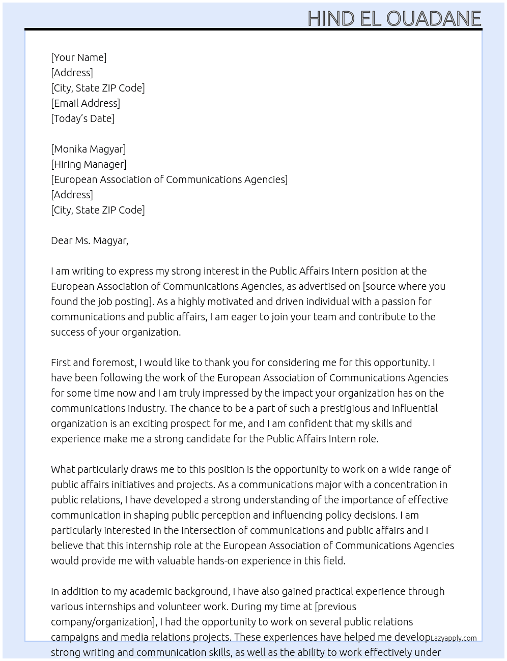 Public Affairs Intern At European Association of Communications Agencies Cover Letter