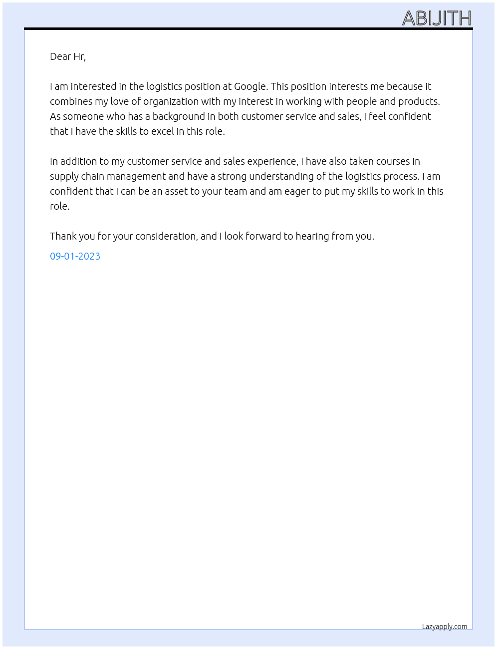 Logistics  At Google  Cover Letter