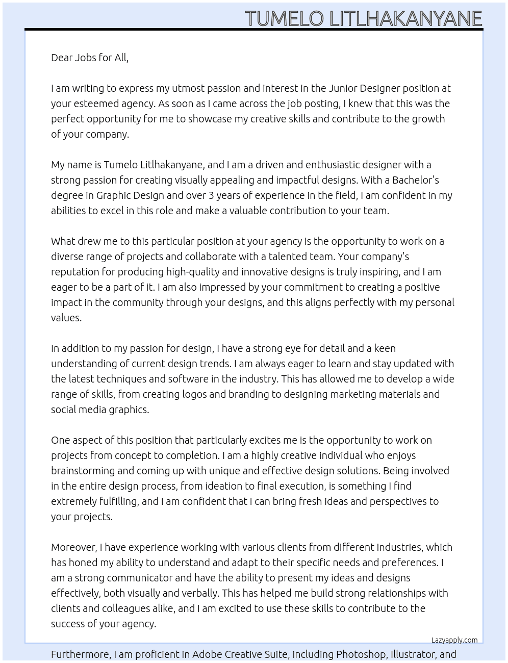 JUNIOR DESIGNER At agency Cover Letter