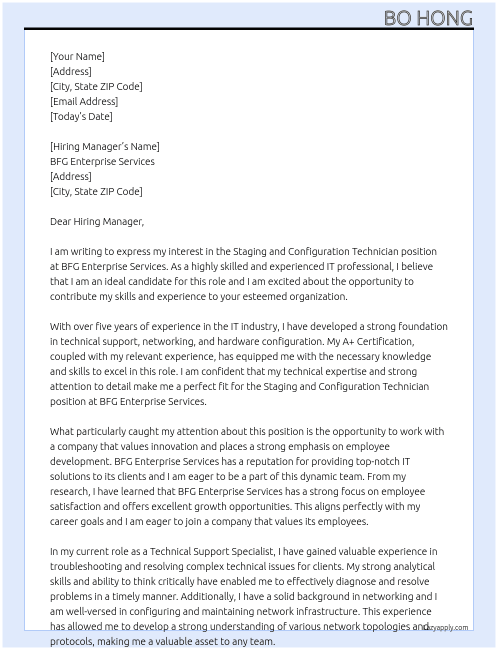 Staging and Configuration Technician At BFG Enterprise Services Cover Letter