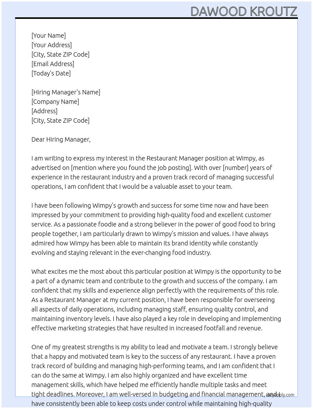 Restaurant Manager At Wimpy  Cover Letter