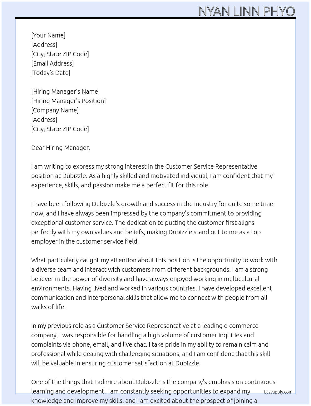 Customer Service Representative  At Dubizzle Cover Letter