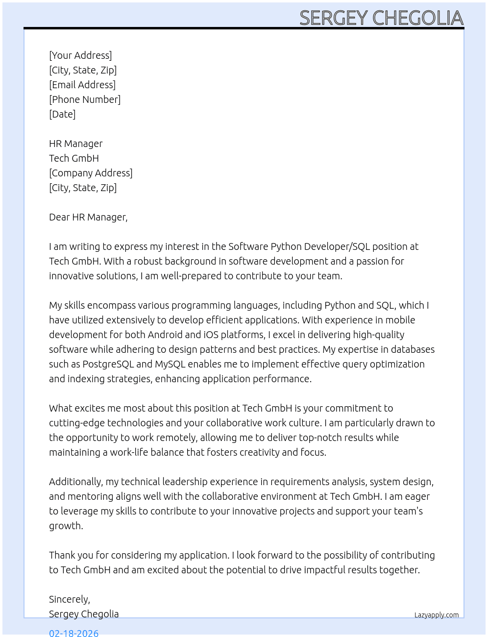 Software Python Developer/SQL      At Tech GmBH Cover Letter