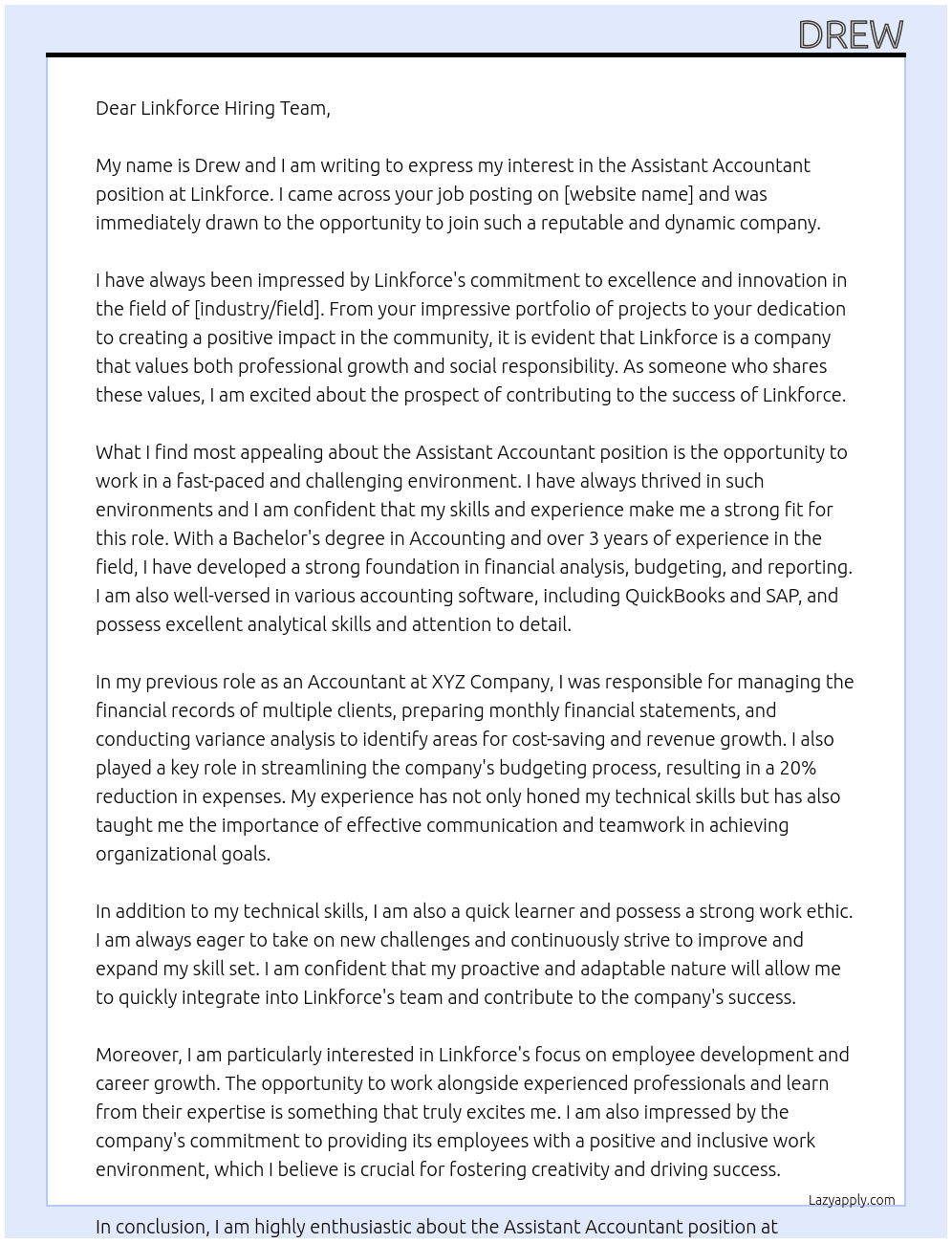 Assistant Accountant At Linkforce Cover Letter