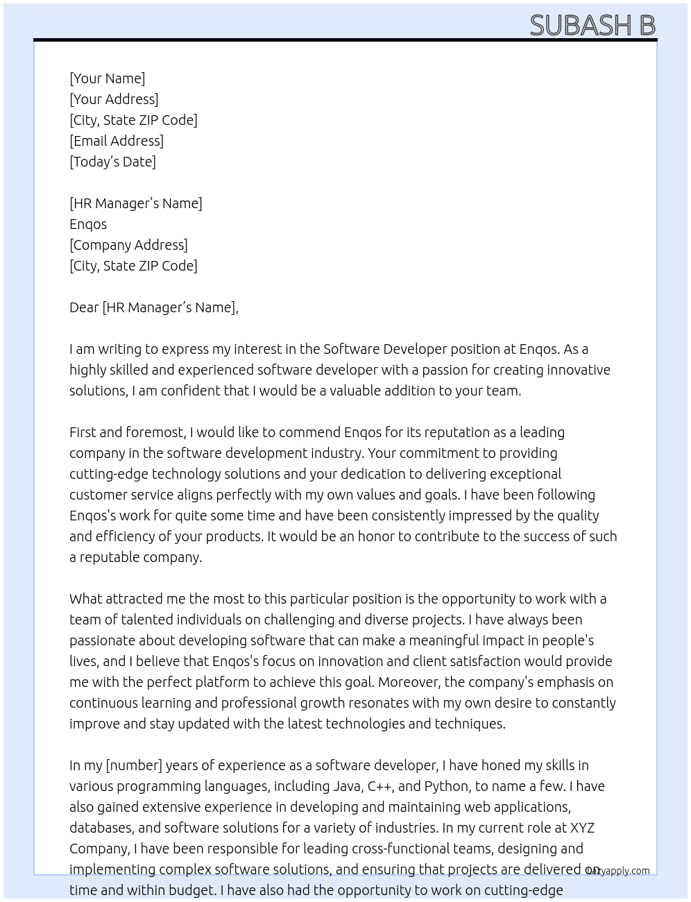 Software developer  At Enqos Cover Letter