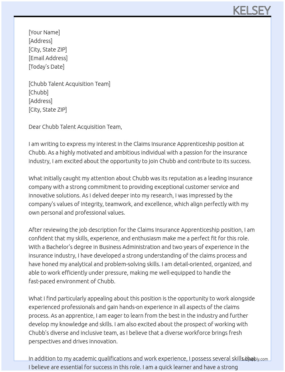 claims Insurance apprenticship At chubb Cover Letter