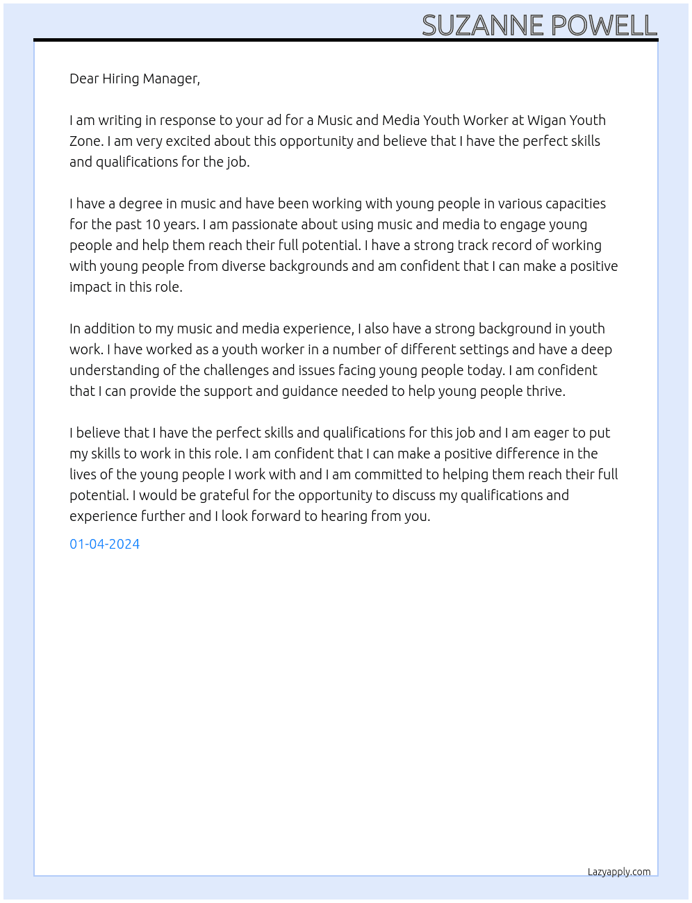 Music and Media Youth Worker At Wigan Youth zone Cover Letter